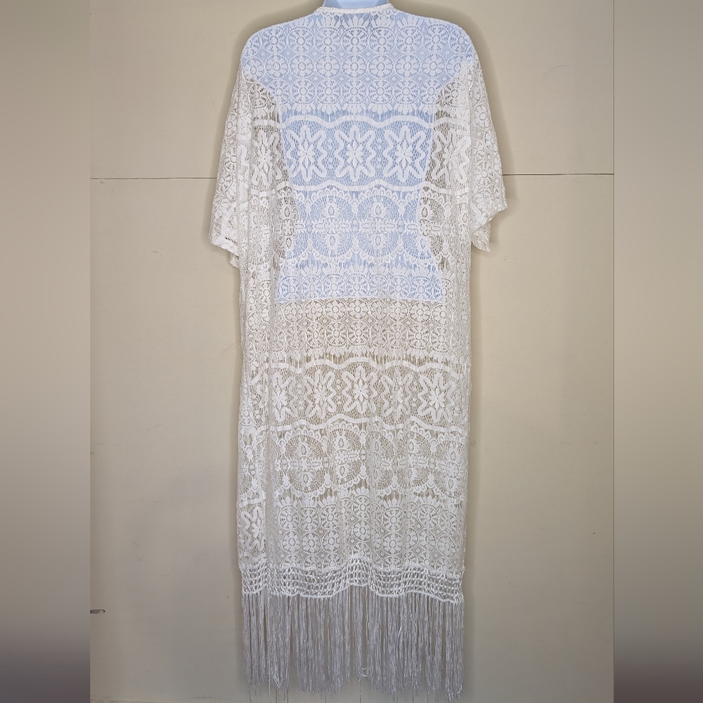 Lace Coverup Kimono Short Sleeve with Fringe - Picture 3 of 6
